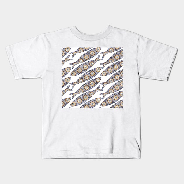 Traditional portuguese sardine and tiles background. Seamless pattern with ornamental fish. Fish pattern in abstract style with colorful tiles. Kids T-Shirt by AnaMOMarques